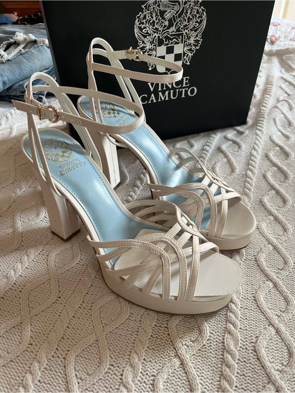 Vince Camuto Ivory Strappy Platform Block Heel Sandals 5 inch Various Sizes